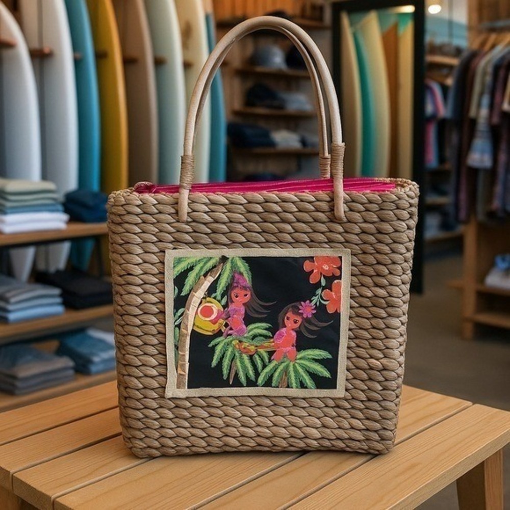 Y2K Xhilaration Tropical Woven Straw Tote Bag Hula Dancers Travel Resort